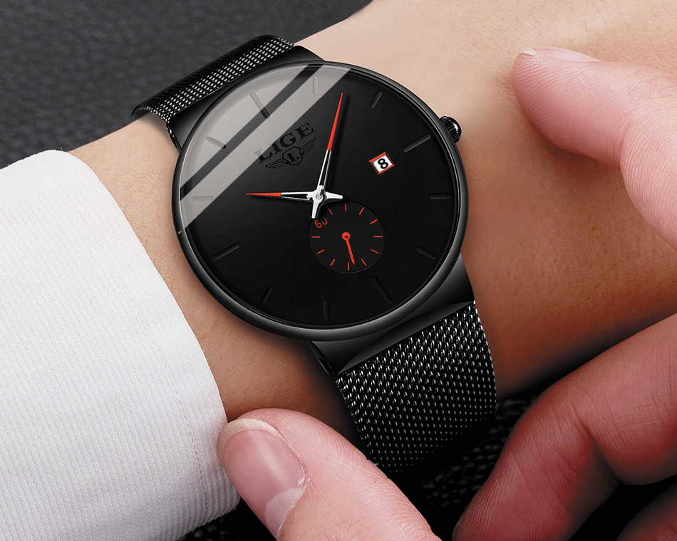 Ultra-Thin Black Quartz Wrist Watch for Men