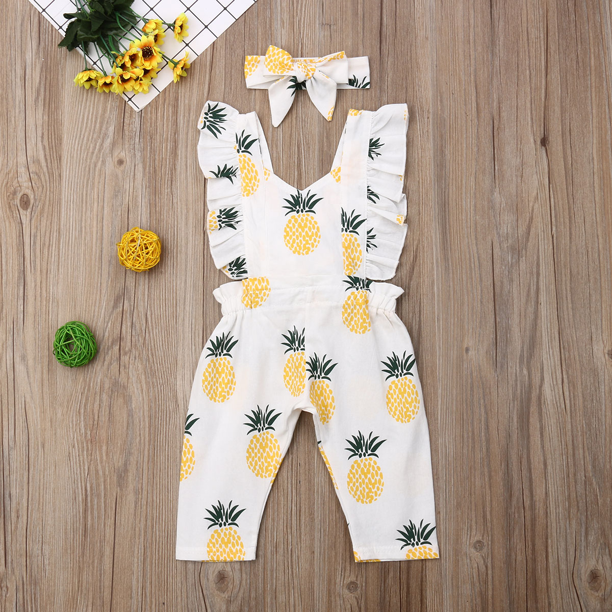 Baby Girl's Pineapple Romper and Headband 2 Pcs Set