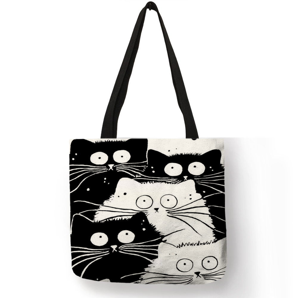 Women's Cartoon Cat Printed Linen Tote Bag