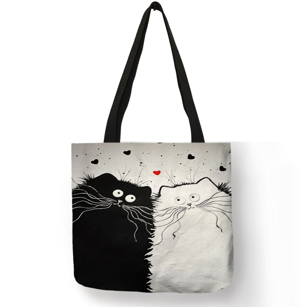 Women's Cartoon Cat Printed Linen Tote Bag