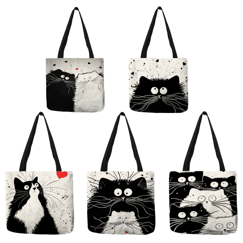 Women's Cartoon Cat Printed Linen Tote Bag