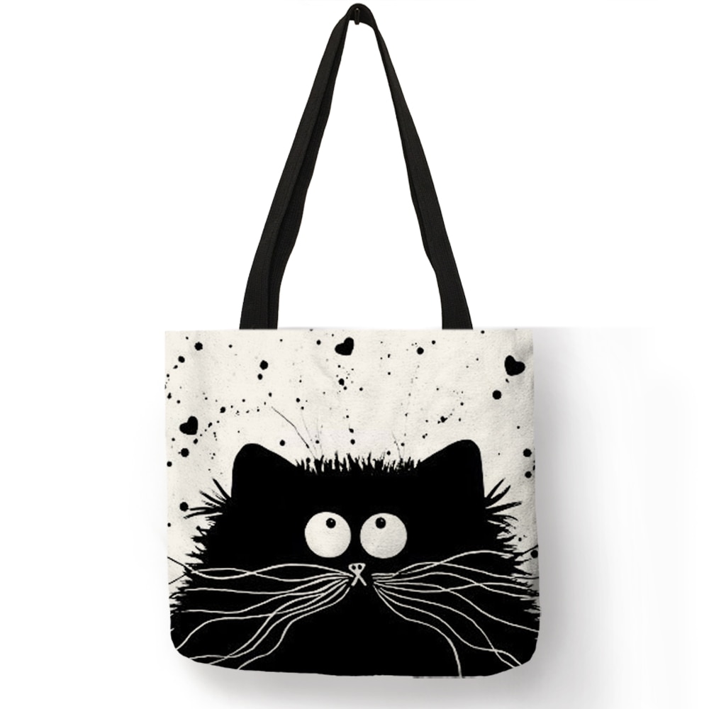 Women's Cartoon Cat Printed Linen Tote Bag