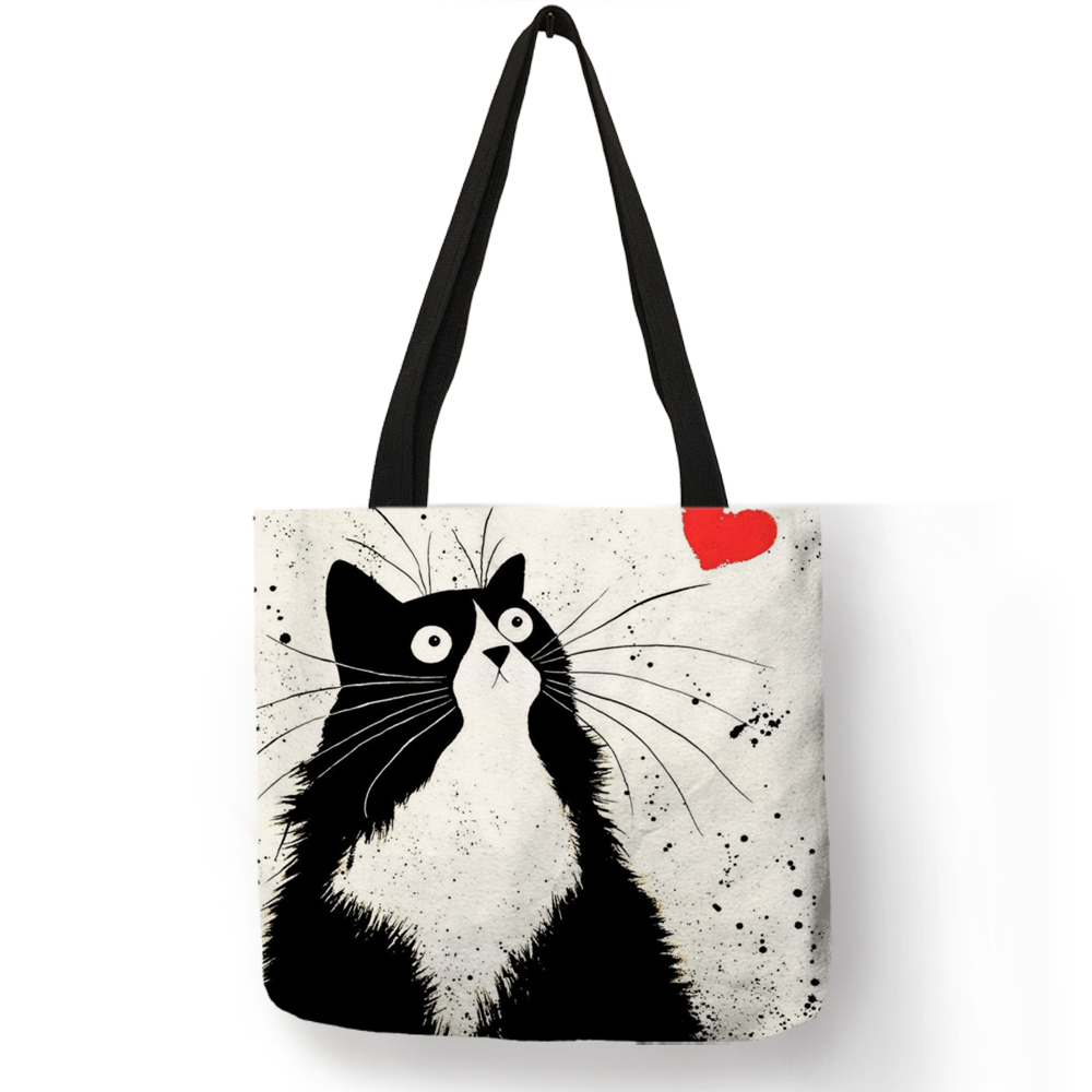 Women's Cartoon Cat Printed Linen Tote Bag