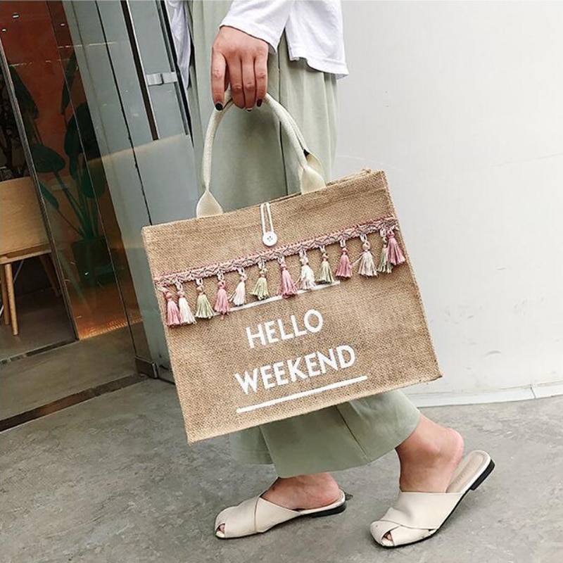 Women's Linen Hello Weekend Tassel Tote Bag