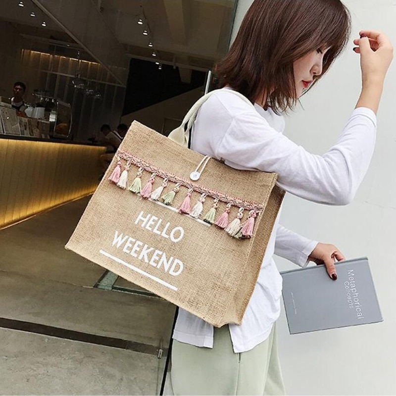Women's Linen Hello Weekend Tassel Tote Bag
