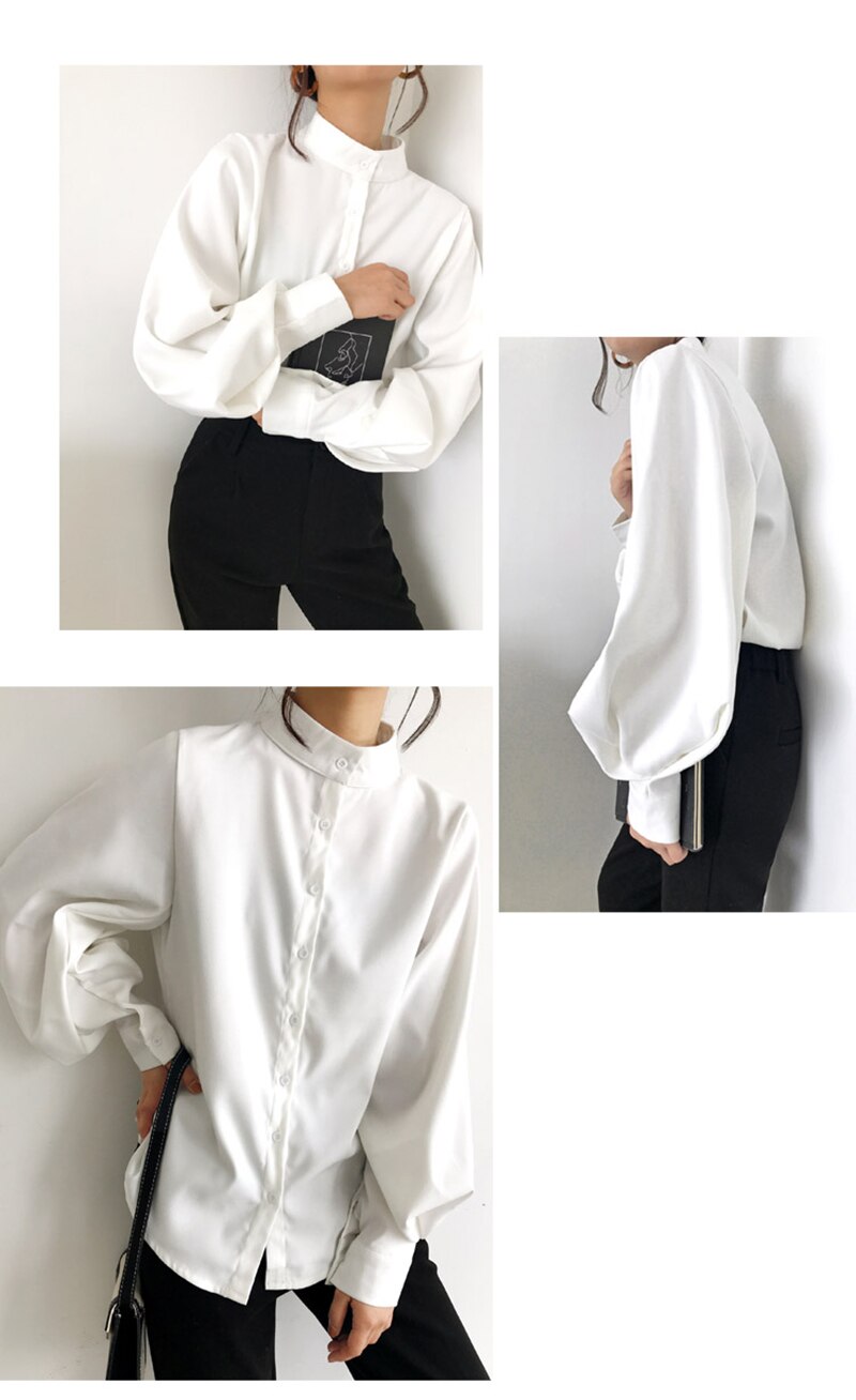 Mandarin Collar Lantern Sleeve Blouse for Women