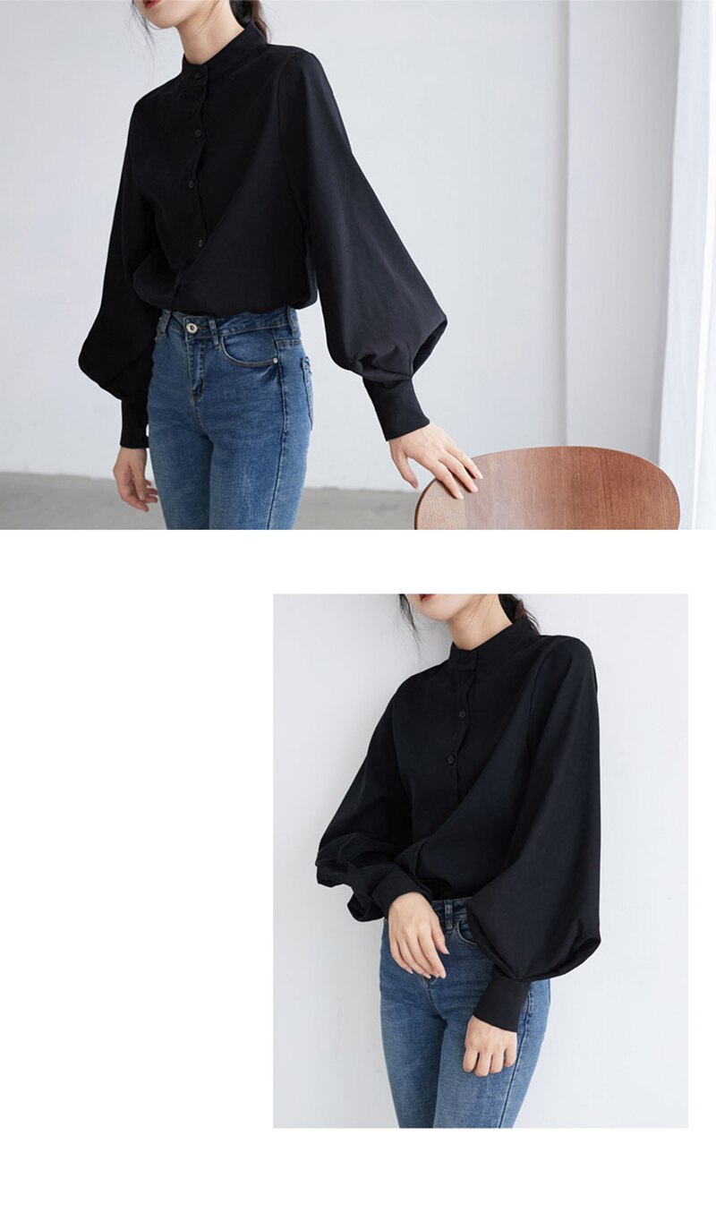 Mandarin Collar Lantern Sleeve Blouse for Women