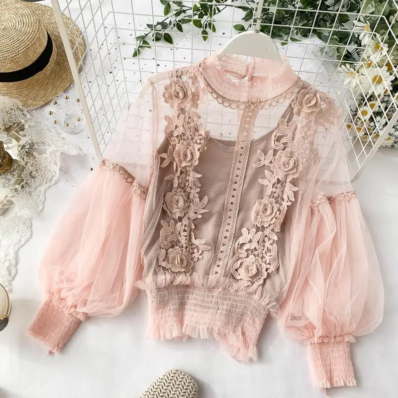 Women's Spring Blossom Sheer Lace Blouse