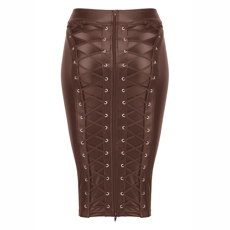 Women's Lace-Up Eco-Leather Pencil Skirt