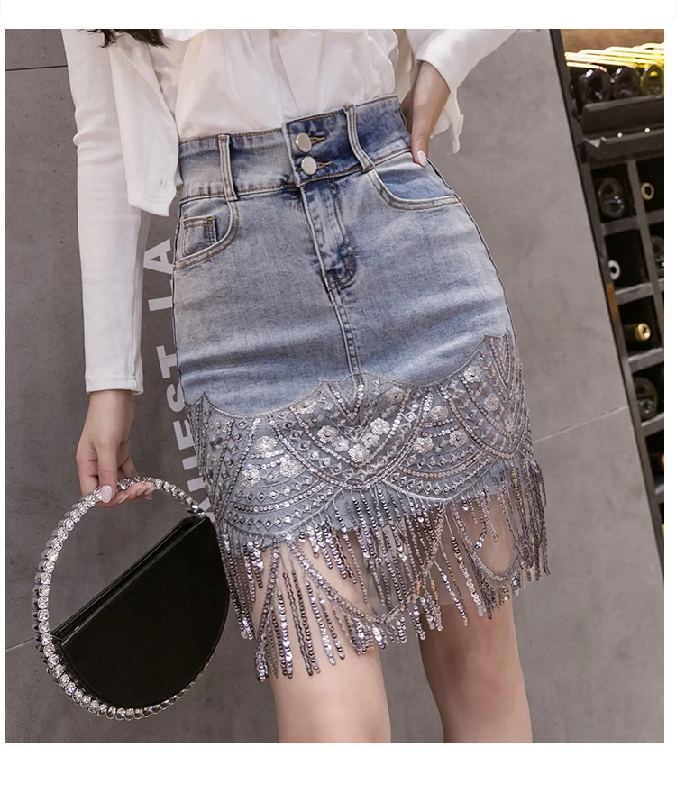 Women's Crystal Tassel Denim Skirt
