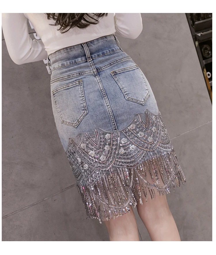 Women's Crystal Tassel Denim Skirt